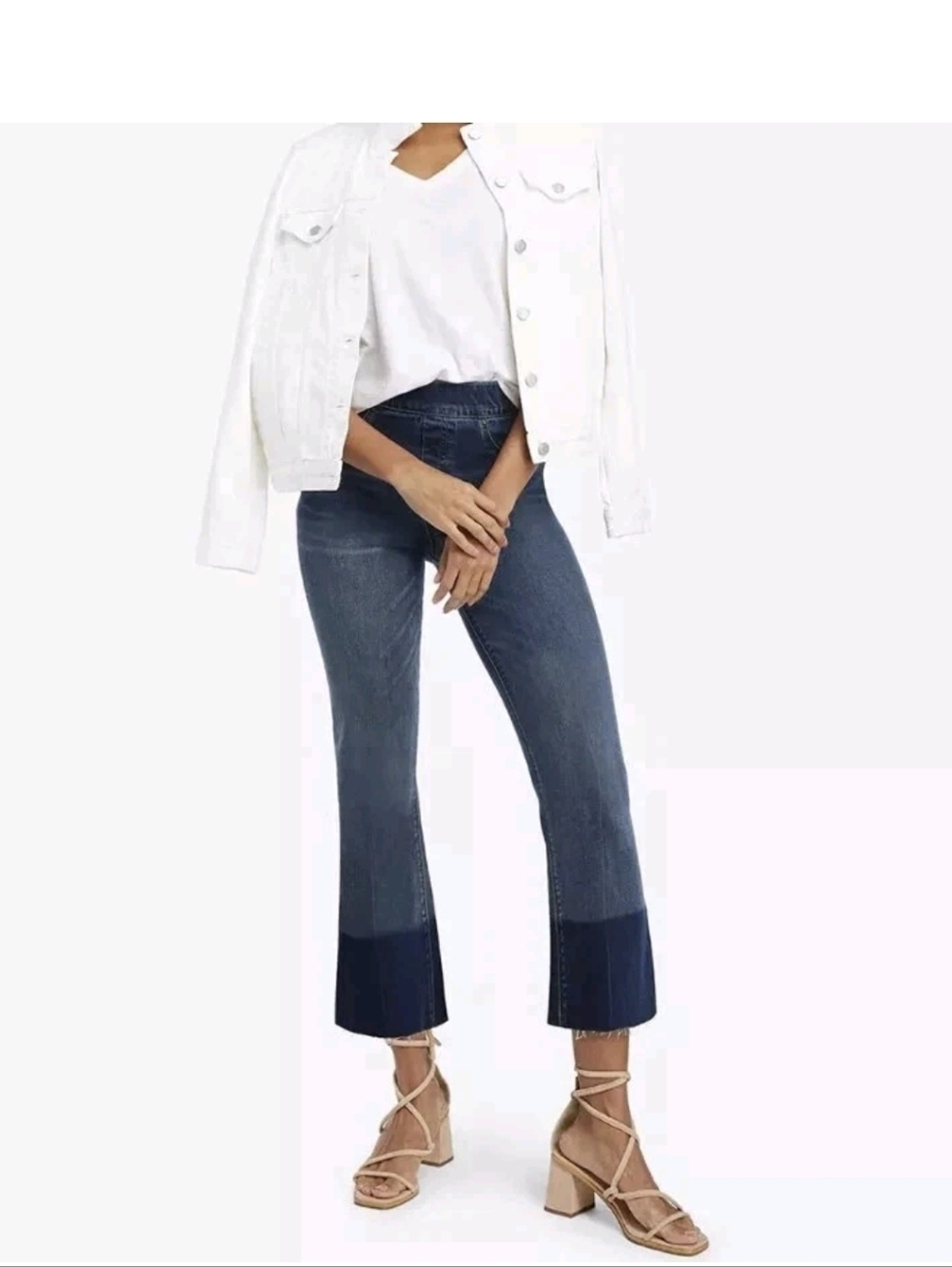 SPANX Cropped Flare Jeans Womens Blue Medium Wash Pull On Raw Hem